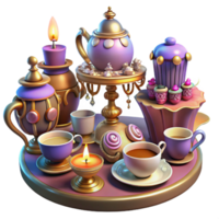 elegant creative A whimsical steampunk tea party with ornate teacups, clockwork pastries, and guests in elaborate attire, lit by soft candlelight in a fantasy art style original png