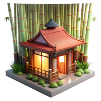 serene creative A traditional Japanese tea house nestled in a serene bamboo forest, lit by soft, diffused sunlight, ukiyo-e style high quality png