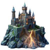 magnificent minimalist An imposing medieval castle built on a rocky precipice, lit by dramatic lightning strikes, dark fantasy art style exclusive png