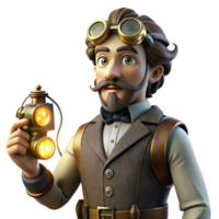 wonderful creative A portrait of a steampunk inventor in a velvet waistcoat and goggles, holding a complex device with glowing wires, lit by a flickering candlelight genuine png
