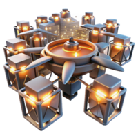 serene contemporary A swarm of autonomous drones forming a complex, evolving geometric pattern in the sky, illuminated by the warm glow of city lights below. Futuristic style, aerial photography 4K png