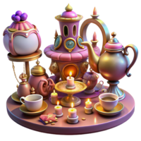 extraordinary classic A whimsical steampunk tea party with ornate teacups, clockwork pastries, and guests in elaborate attire, lit by soft candlelight in a fantasy art style high quality png