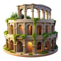 beautiful artistic A crumbling ancient Roman amphitheater overgrown with vines, lit by the soft light of dawn, photorealistic style authentic png