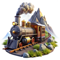 serene abstract A dynamic steampunk train speeding through a mountainous landscape, trailing steam and smoke, lit by the bright midday sun in an action-packed style high resolution png