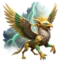 dramatic abstract A majestic griffin with golden feathers and piercing emerald eyes, soaring through a storm-ridden sky, illuminated by flashes of lightning. Dramatic, realistic style premium png