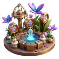 serene classic A vibrant steampunk garden with metallic flowers, clockwork butterflies, and glowing fountains, lit by a warm, inviting light in a fairytale style premium png