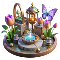 stunning modern A vibrant steampunk garden with metallic flowers, clockwork butterflies, and glowing fountains, lit by a warm, inviting light in a fairytale style premium png