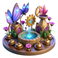 elegant contemporary A vibrant steampunk garden with metallic flowers, clockwork butterflies, and glowing fountains, lit by a warm, inviting light in a fairytale style original png