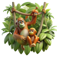 wonderful vintage A family of orangutans swinging through the rainforest canopy, with dappled sunlight filtering through the leaves, in a dynamic, action-packed style exclusive png