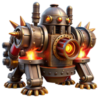 extraordinary minimalist A menacing steampunk war machine with rotating blades, steam cannons, and riveted armor, lit by a fiery red light in a dark fantasy style high resolution png