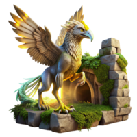 wonderful abstract A majestic griffin with iridescent feathers taking flight from a crumbling, moss-covered ruin, bathed in golden sunlight, digital painting style detailed png