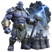 elegant artistic A powerful giant wielding a massive club, standing amidst a ruined city, illuminated by a stormy sky, in a dark fantasy style high quality png
