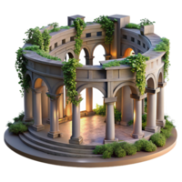 beautiful abstract A crumbling ancient Roman amphitheater overgrown with vines, lit by the soft light of dawn, photorealistic style authentic png