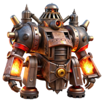 vibrant rustic A menacing steampunk war machine with rotating blades, steam cannons, and riveted armor, lit by a fiery red light in a dark fantasy style genuine png