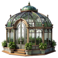 serene artistic Victorian greenhouse, ornate iron and glass structure, lush plants, warm sunlight, Victorian architecture high resolution png