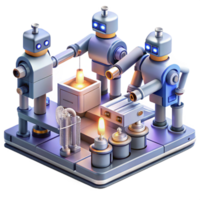 A group of robots working in a futuristic factory, assembling complex machinery, illuminated by the warm glow of industrial lighting. Sci-fi style, photorealistic render png