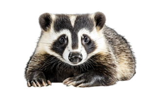 Adorable Badger Lying Down Isolated with Transparent Background in Studio Setting with Striped Pattern and White and Black Color png