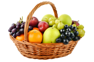 Basket Filled with Fresh Assorted Fruits Grapes Apples Plums and Mandarins on Transparent Background png