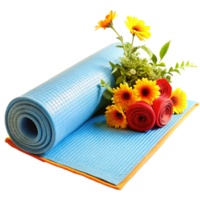Rolled-up Light Blue Exercise Mat with Vibrant Gerbera Daisies and Red Rolled Fabric png