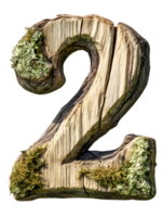 Carved Wooden Number Two with Green Moss Growing on its Surface Isolated on Transparent Background png