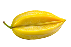 Close Up of a Bright Yellow Star Fruit with a Glossy Surface Against Black Background Showing its Unique Star Shape and Ribbed Texture png