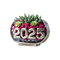 Elegant 2025 New Year Floral Arrangement with Succulents and Silver Numbers in a Modern Oval Planter png