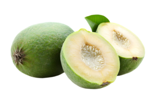 Close Up of Fresh Green Feijoa Fruits Isolated on Transparent Backdrop Featuring Detailed Textures and Half Cut Guavas png