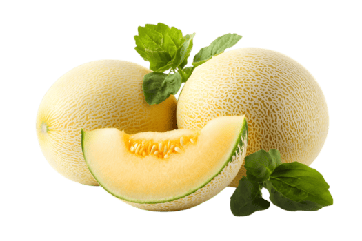 Close Up of Honeydew Melon Slices with Mint Leaves on Transparent Background Showing Smooth Texture and Refreshing Light Yellow Color png