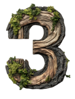 Detailed Number Three Made of Tree Bark and Moss Isolated on Transparent Background png