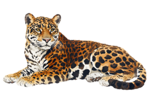 Detailed Watercolor Illustration of a Lying Jaguar with Spotted Pattern on Transparent Background A Captivating Wildlife Image png