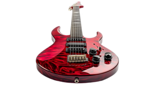 Electric Guitar in Red with Maple Top and Black Hardware on Transparent Background Musical Instrument Close Up Shot Studio Lighting Detailed View Decorative Sound Technology Device Object png