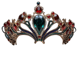 Elaborate Gold Tiara with Red and Green Gemstones on a Black Background Symbolizing Royalty and Elegance with Intricate Design and Sparkling Elements png