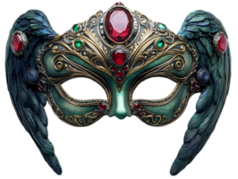 Elaborate Venetian Mask with Wings Gold Details and Gems on Transparent Background png