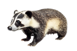 European Badger with Striking Black and White Markings Posing Calmly on Transparent Background in Wildlife Setting png