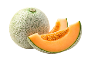 Fresh Cantaloupe Melon with Slices Showing Orange Pulp and Seeds on Transparent Background in Studio Lighting png