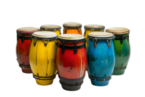 Group of Conga Drums in Vibrant Colors with a Transparent Background Perfect for Musical Themed Designs and Rhythm Related Visuals png