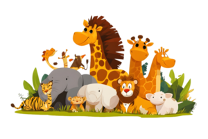 Group of Pixel Art Jungle Animals Including Giraffes Elephants Lions and Tigers Gathering Together in Animated Style on Transparent Background png