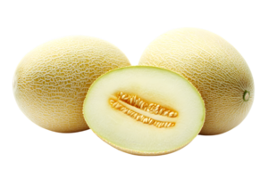 Group of Three Cantaloupe Melons with One Halved Against Transparent Background Showing Juicy Flesh and Seeds png