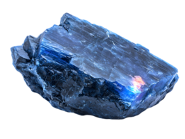 Iridescent Blue Crystal Mineral Specimen Displayed On Transparent Backdrop With Glittering Facets and Natural Rock Texture png