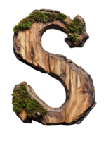 Isolated Wooden Letter S Covered in Moss with Transparent Background in Rustic Style png