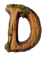 Isolated Three Dimensional Letter D Constructed with Textured Wood and Growing Moss on a Transparent Backdrop png