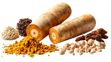 Assortment Of Dried Roots And Spices On Black Background png