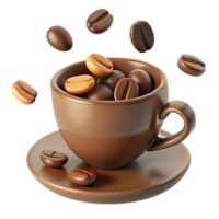 A 3D rendering of a brown coffee cup overflowing with roasted coffee beans some of which are floating in the air png
