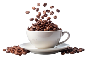 A white coffee cup filled with roasted coffee beans with more beans falling into it and scattered around it on a saucer png