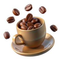A beige coffee cup filled with roasted coffee beans on a matching saucer with more beans levitating around it against a black background png