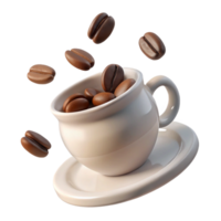 A Delightful 3D Render of Coffee Beans Falling into a CreamColored Cup and Saucer png