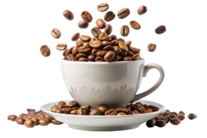 A cup of coffee with roasted beans falling into it, coffee beans on saucer and scattered on the table png