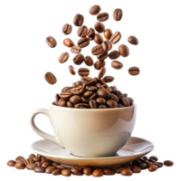 A cup of coffee with roasted beans falling into it a delightful image png