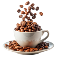 A cup of coffee with roasted coffee beans overflowing and more beans falling into it png