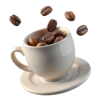 A cup of coffee with coffee beans falling into it, 3D rendering image png